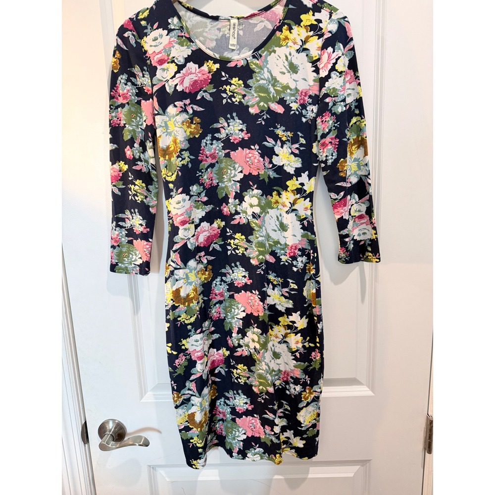 Leshop Floral Midi Dress Navy Blue Pink 3/4 Sleeve Bodycon Medium